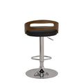 Banco para barra Quasar de Deurope, con base de cromo, asiento de madera termoformada y tapizado Leather Touch en negro.