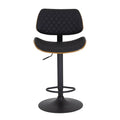 Banco para barra de cuero touch y asiento de madera termoformada en color negro, con base de cromo y diseño moderno.