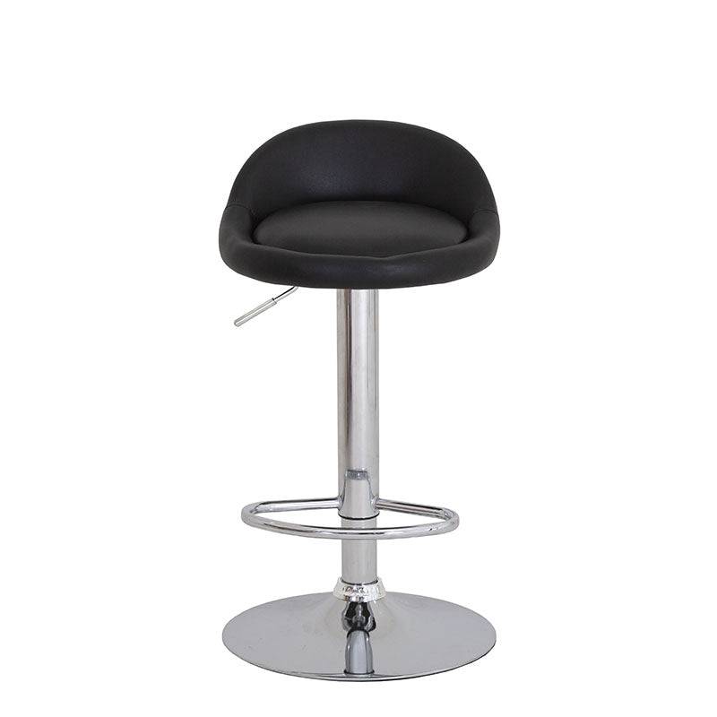 Banco Vortice para barra de deurope.com.mx, con base de cromo, asiento de madera termoformada y tapizado Leather Touch en negro.