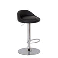Banco para barra Vortice de Deurope con base de cromo, asiento de madera termoformada y tapizado Leather Touch en negro.