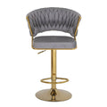 Banco para barra Imperial de Deurope.com.mx con base de cromo, asiento de madera termoformada y tapizado de terciopelo gris.