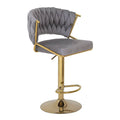 Banco para barra Imperial de Deurope.com.mx con base de cromo, asiento de madera termoformada y tapizado de terciopelo gris.