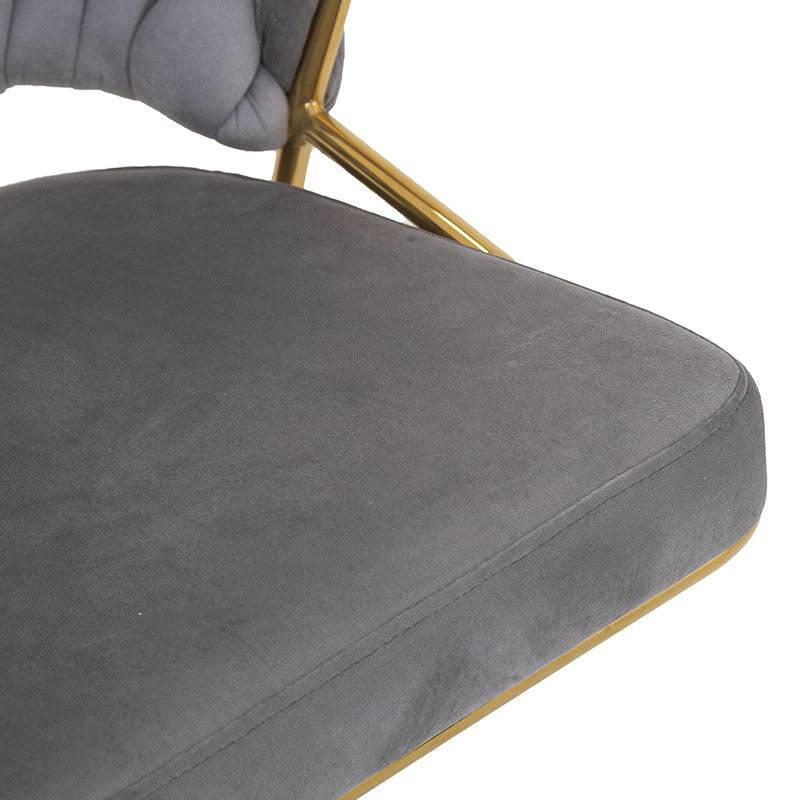 Banco Imperial de Deurope con base de cromo, asiento de madera termoformada y tapizado de terciopelo gris, 50 cm de alto.