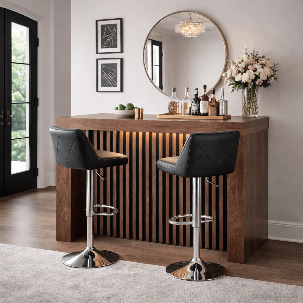 Barra de madera tipo bourbon de tamaño medio, diseñada por deurope.com.mx, perfecta para bares y espacios de entretenimiento.