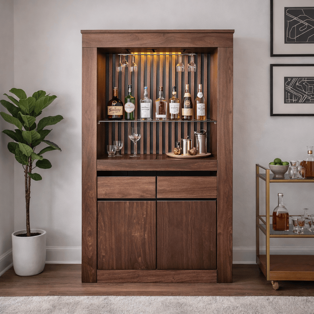 Contrabarra de madera Bourbon de la marca deurope.com.mx, barra de bar moderna y resistente para espacios interiores.