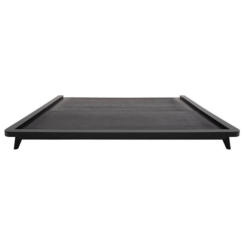 Base de cama Jess de madera de pino en color negro con acabado industrial, con dimensiones de 146 cm de frente y 25 cm de alto.