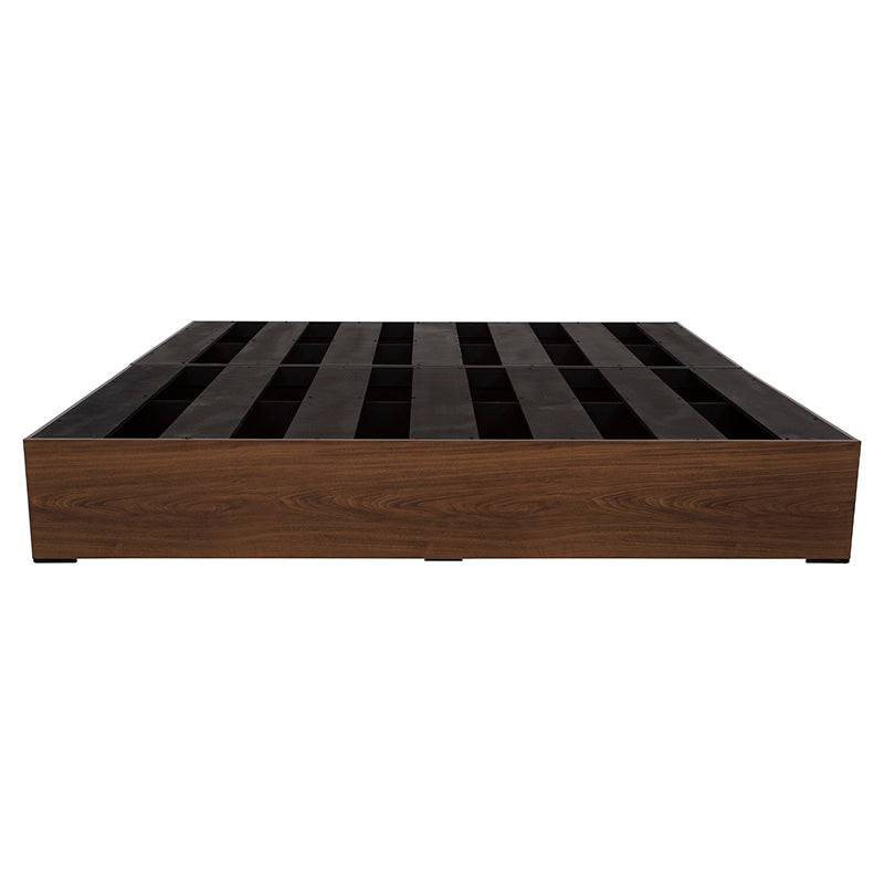 Base de cama Kenia de madera de pino con acabado en nogal, estructura resistente, tamaño 200 cm x 190 cm, altura 30 cm.