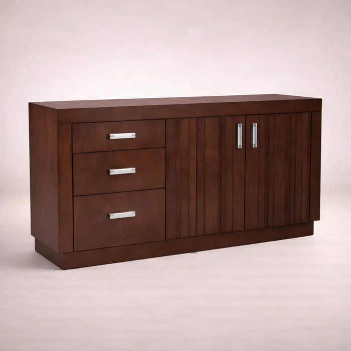 Juego de comedor con buffet Quetzal de madera de nogal, encino y okume, en acabado café y chapa de madera natural.