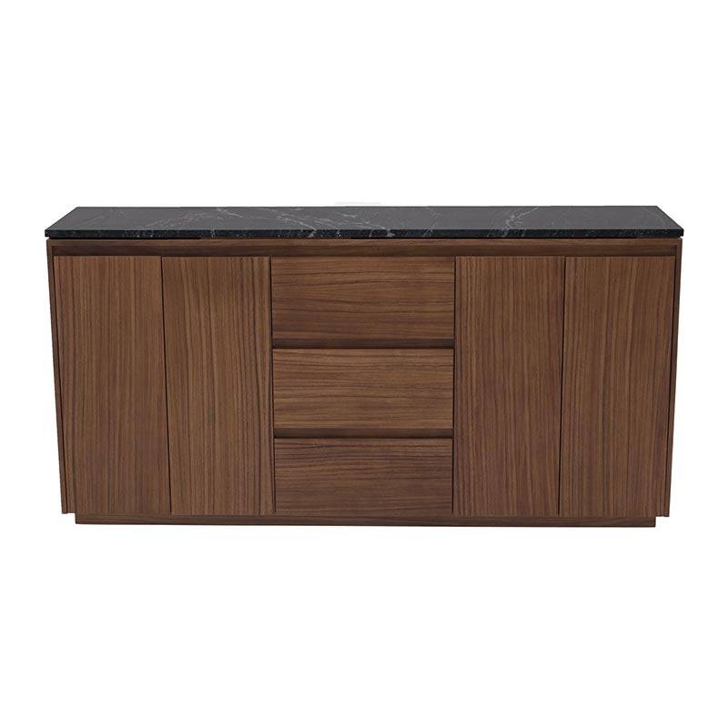Buffet Montecarlo de madera con acabado de parota y granito natural, frente de 160 cm, alto 80 cm y fondo 40 cm.