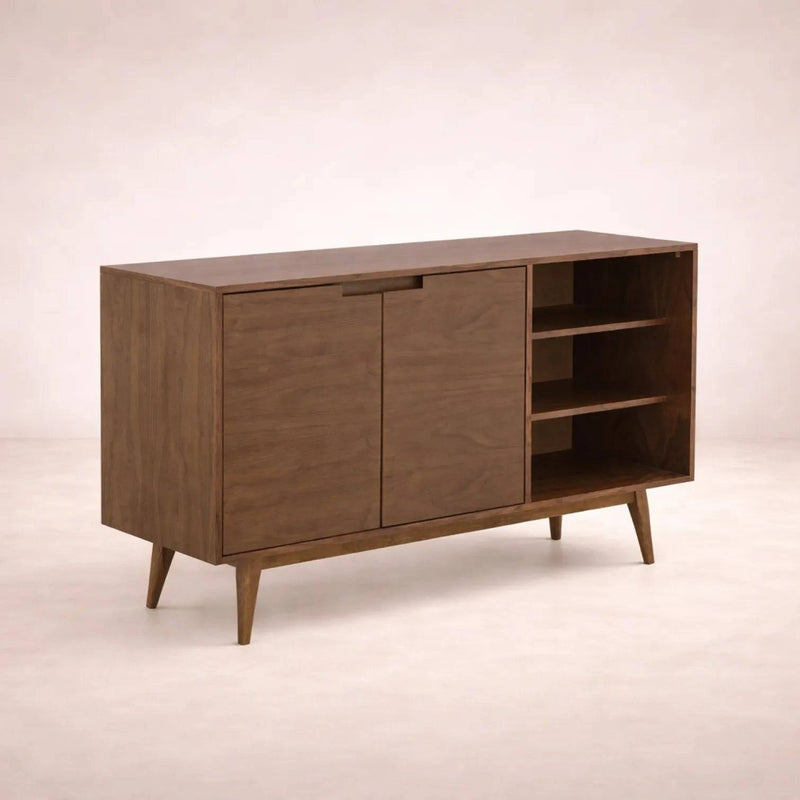Bufetera Buffet Balam de deurope.com.mx con acabado de madera y espacio de almacenamiento amplio en la imagen.