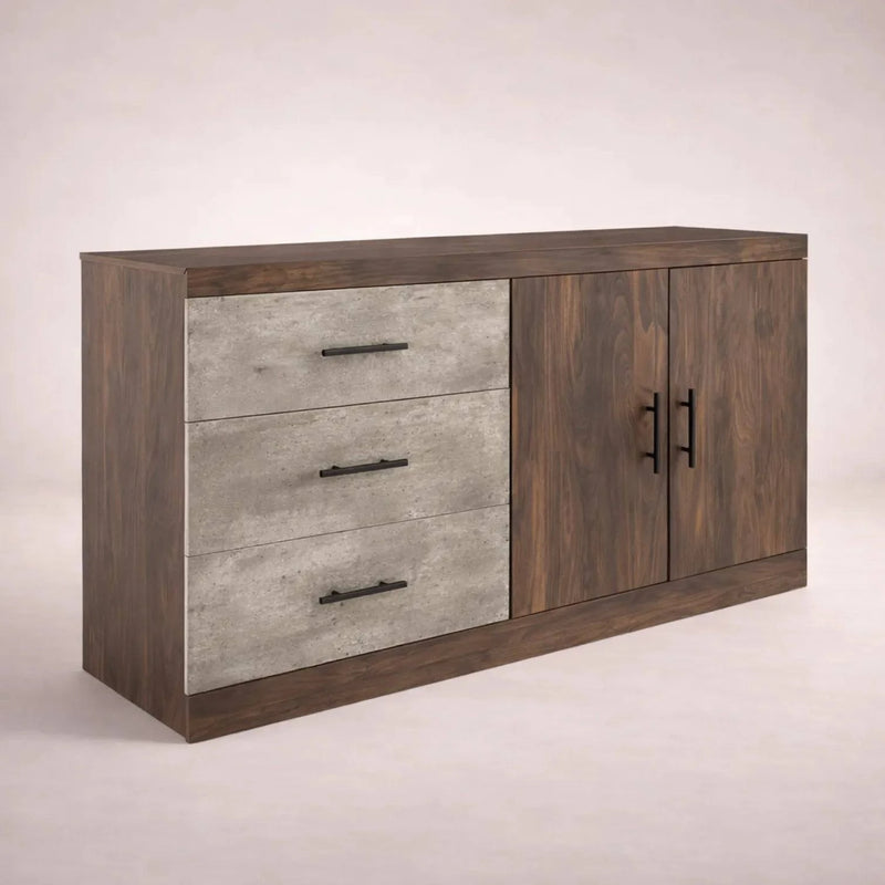 Juego de comedor con buffet Quetzal de madera nogal y gris mate, incluye mesa y buffet de 140 cm de largo.