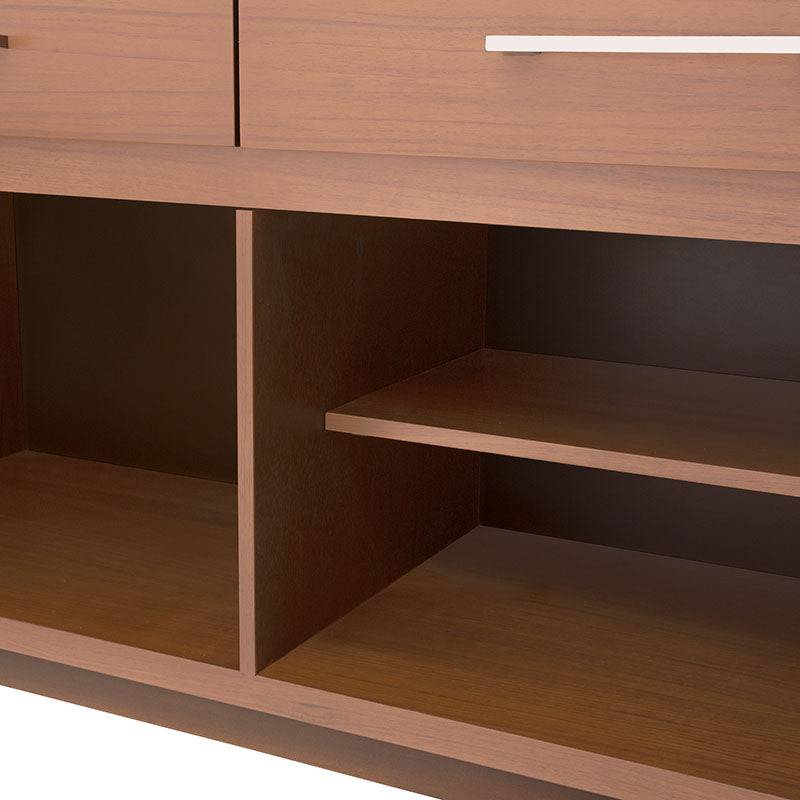 Buffet Atenea de madera industrializada en nogal con chapa de nogal, frente de 160 cm, alto 73 cm y fondo 40 cm.