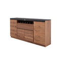 Buffet Jena deurope.com.mx con acabado en nogal negro, frente de chapa de nogal y superficie de melamina tipo mármol.