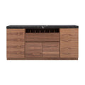 Buffet Jena deurope.com.mx, bufetera negra de nogal con acabado en chapa de nogal y superficie en melamina tipo mármol, 180x90x40 cm.