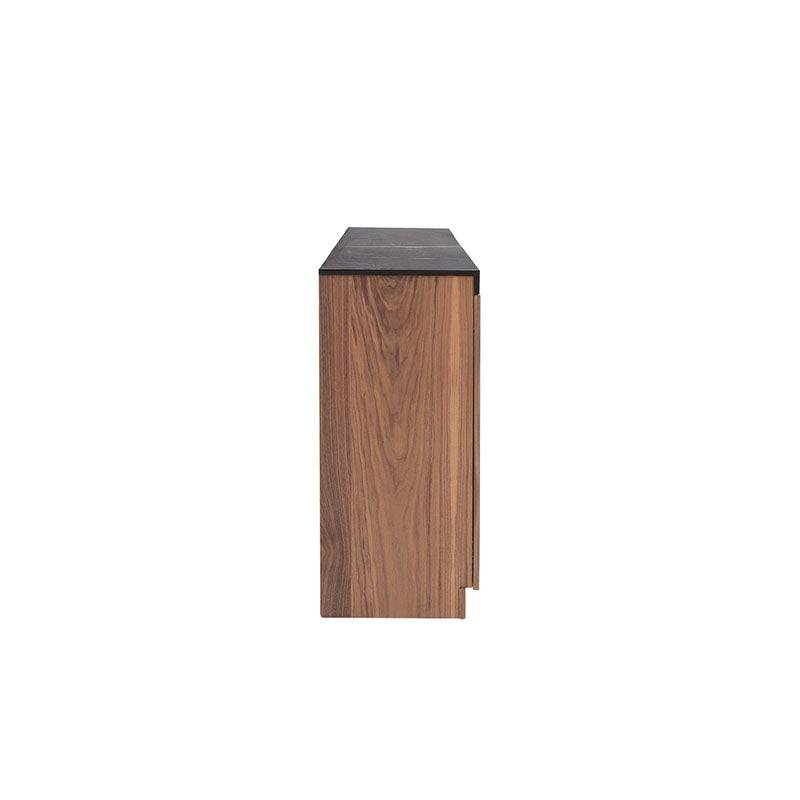 Buffet Jena de madera de nogal negro con acabado en chapa de nogal y superficie de melamina con diseño tipo mármol, 180 cm de ancho.