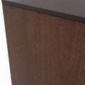 Buffet Creta II de madera de chapa de okumé con acabado en tabaco, frente y dimensiones detalladas, para almacenamiento elegante.