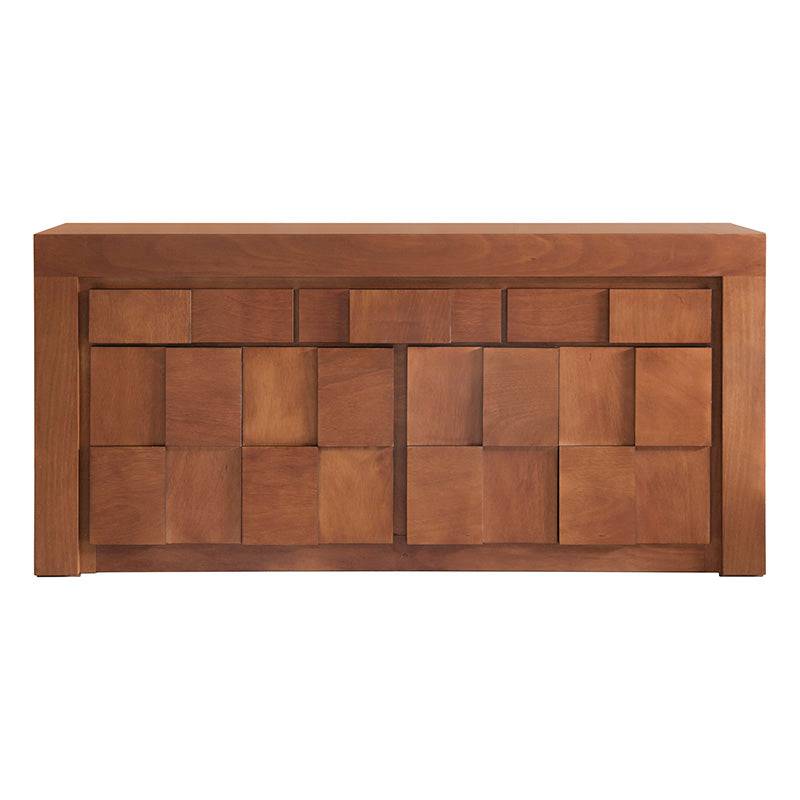 Buffet Quetzal de madera industrializada con chapa de okume y parota, frente de 200 cm, alto 96 cm, fondo 45 cm, en estilo moderno.