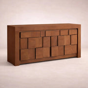 Buffet Quetzal de madera industrializada con chapa de okume y parota, frente de 200 cm, alto 96 cm y fondo 45 cm.