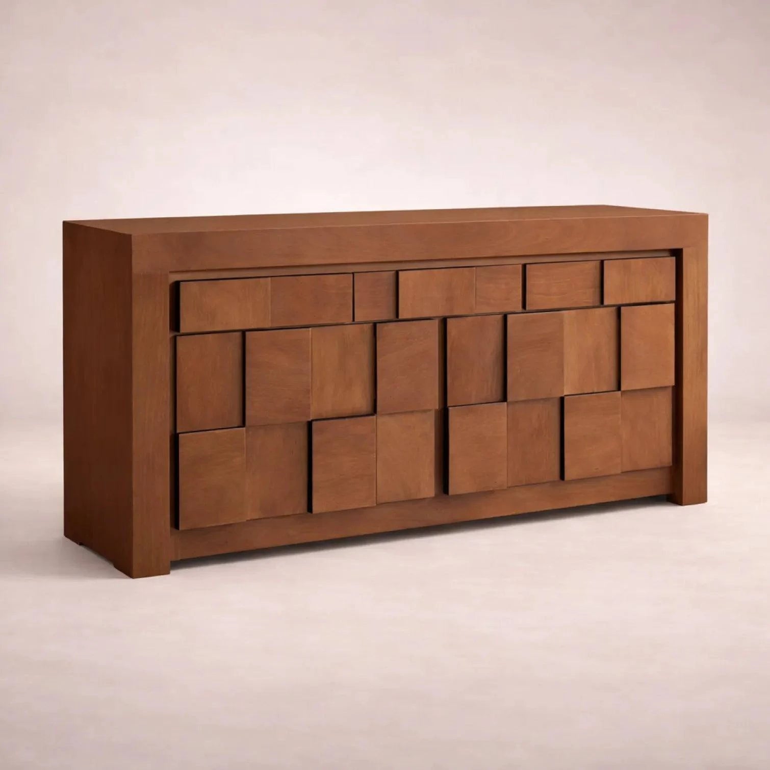 Buffet Quetzal de madera industrializada con chapa de okume y parota, frente de 200 cm, alto 96 cm y fondo 45 cm.