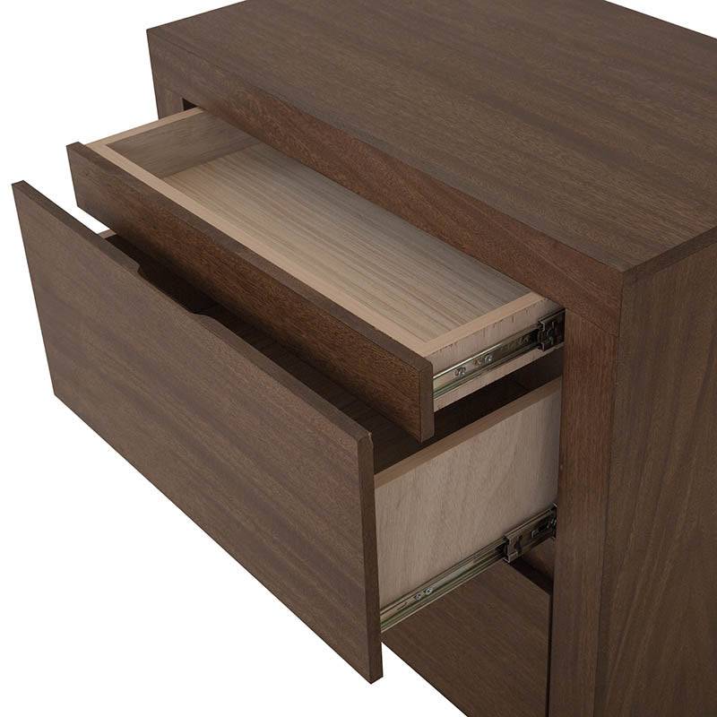 Buro Loretta de madera oscura con chapa de parota, tamaño 60x60x40 cm, diseño elegante y funcional.
