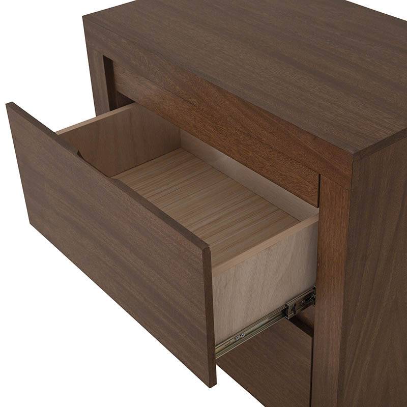 Buro Loretta de madera oscura con chapa de parota, dimensiones 60x60x40 cm, mueble de almacenamiento elegante y moderno.