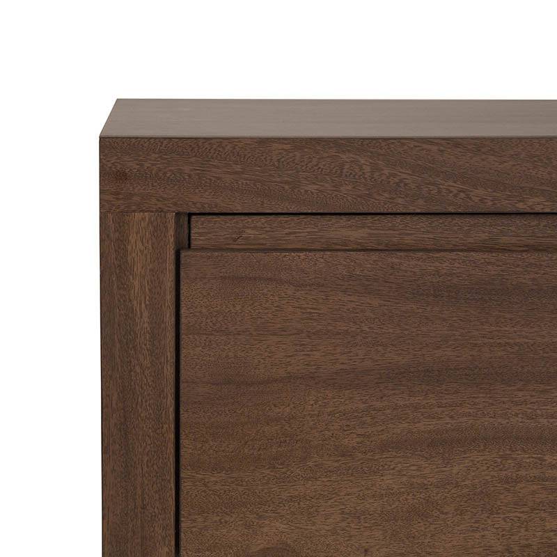 Buro Loretta de madera oscura con chapa de parota, dimensiones 60x60x40 cm, estilo elegante y moderno.
