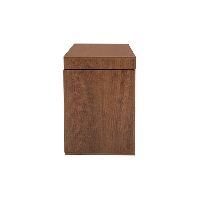 Buró de madera Alejandría de estilo industrial con chapa de nogal, frente y dimensiones de 60x58x39 cm, en acabado natural.