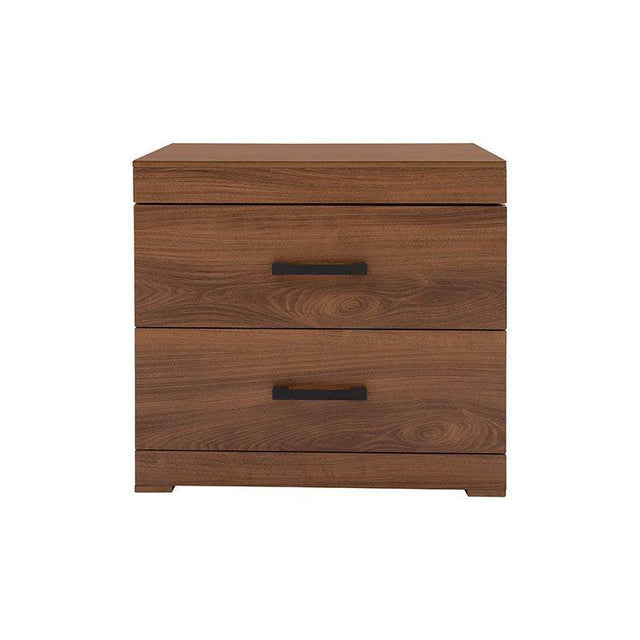 Buro de madera Alejandria de estilo industrial en chapa de nogal, con dimensiones de 60x58x39 cm, en acabado nogal.