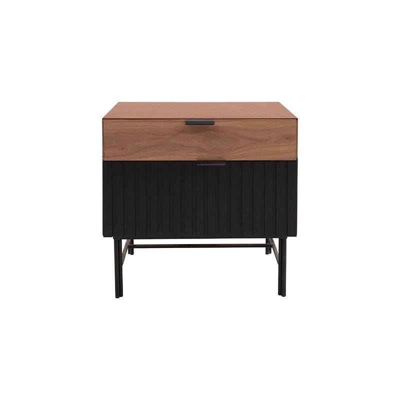 Buró Jess de madera de pino con chapa de nogal en color negro, con frente de 55 cm, alto 55 cm y fondo 40 cm.