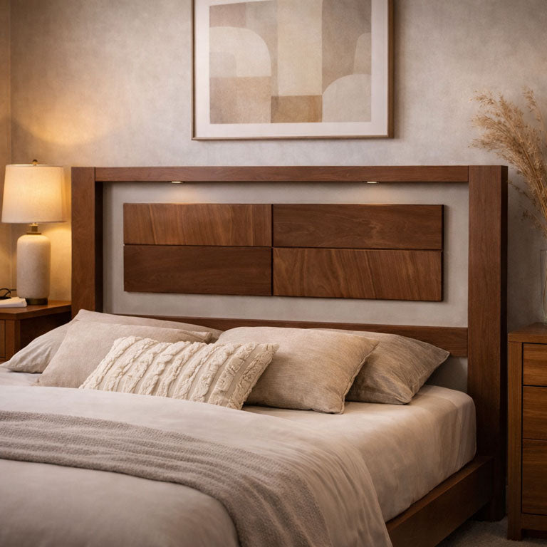 Cabecera de madera de estilo México en chapa de okumé, color mandarino, tamaño 210x150x10 cm, deurope.com.mx