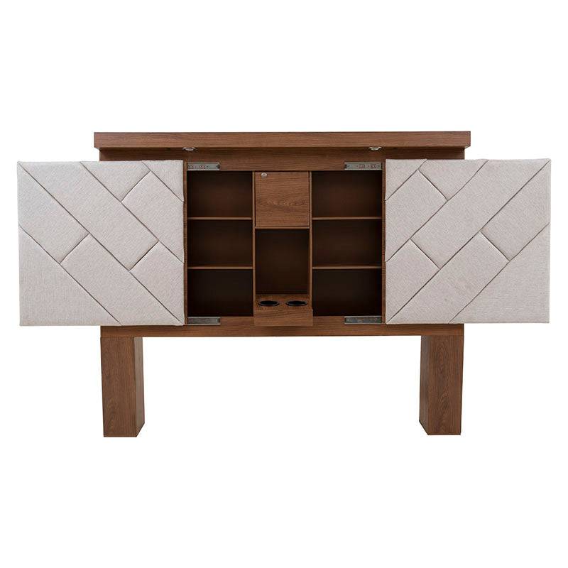 Cabecera Alejandría de Deurope en madera nogal beige con tapiz de tela, 200 cm de ancho, estilo industrial y elegante.
