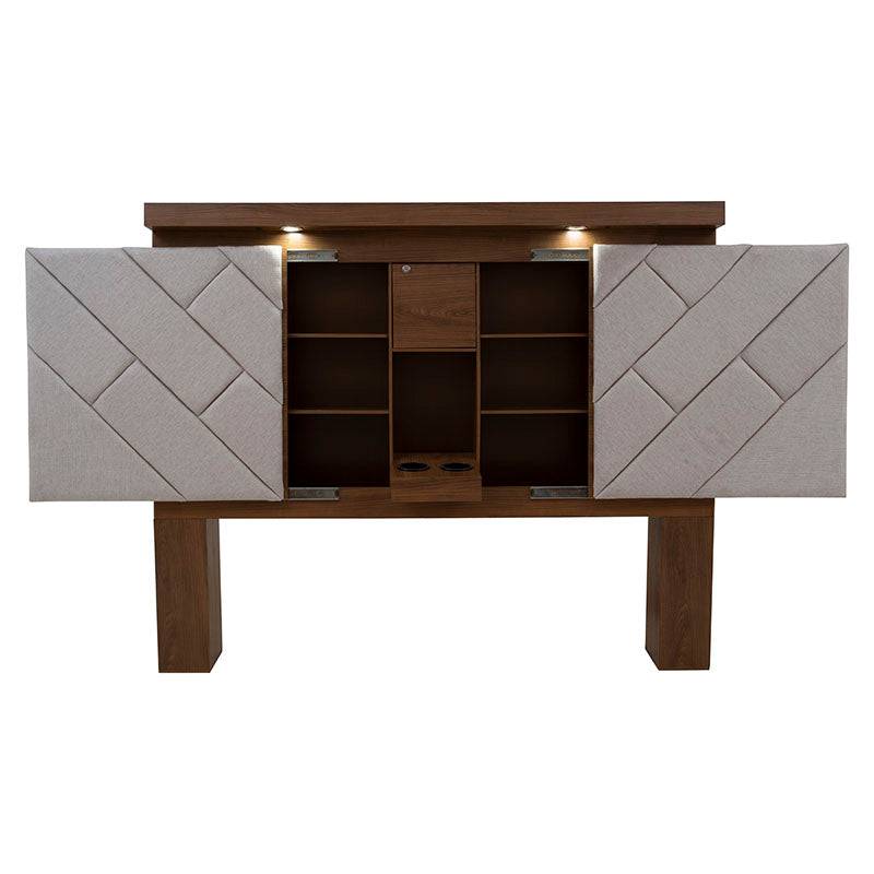 Cabecera Alejandría de Deurope en madera color nogal con tapiz de tela beige, industrial y moderna, 200 cm de alto.