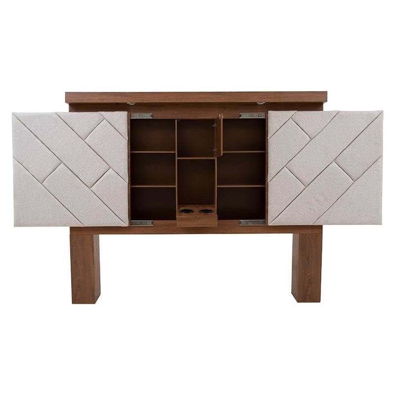 Cabecera Alejandría de Deurope en madera nogal beige con tapiz en tela, 200 cm de ancho, estilo industrial.