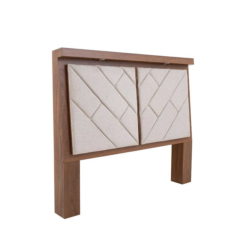 Cabecera Alejandría de Deurope en madera color nogal beige con tapiz de tela, doble tamaño, diseño industrial y elegante.