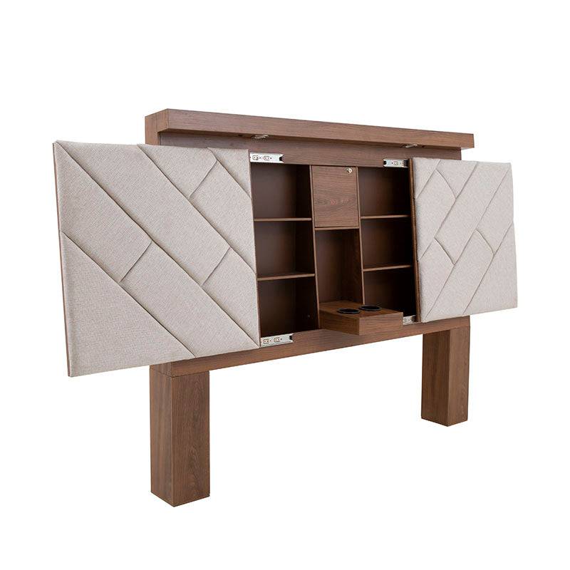 Cabecera Alejandría deDeurope en madera nogal beige con tapiz en tela, 200 cm de ancho, estilo industrial.