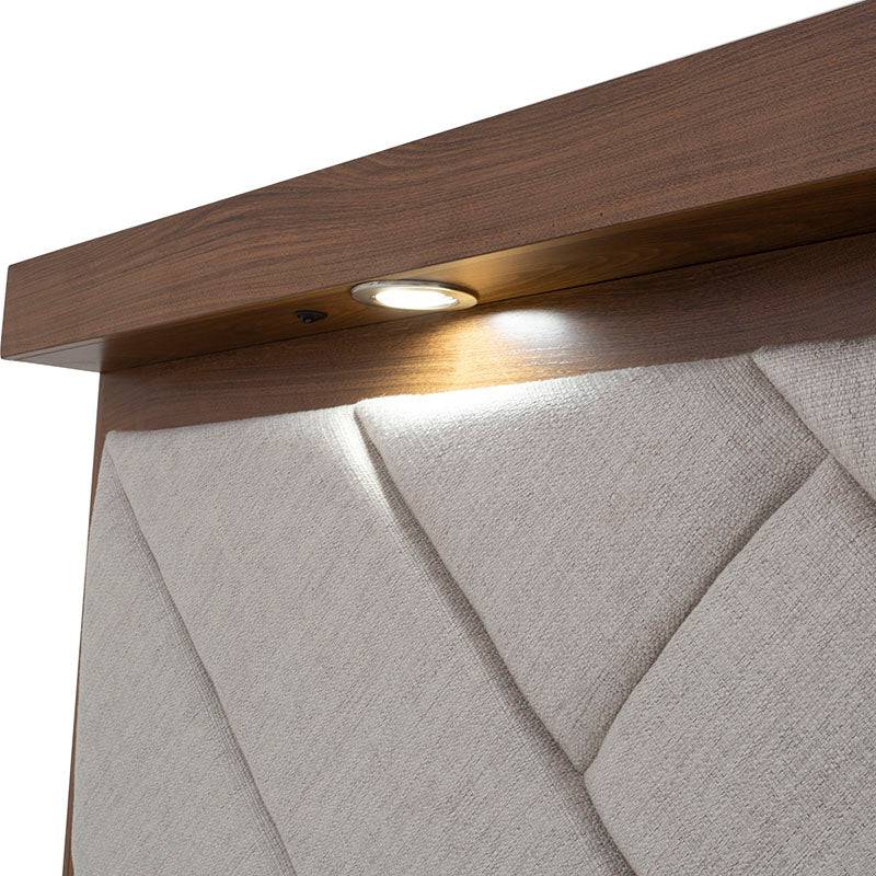 Cabecera Alejandría de estilo industrial en madera y tapiz beige, con dimensiones de 200 cm de ancho y 166 cm de alto.