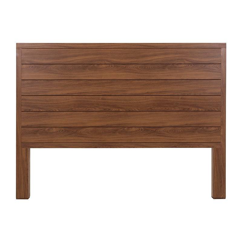 Cabecera Carolina de madera nogal, estilo industrial, con dimensiones 200 cm de ancho, 150 cm de alto y 8 cm de fondo.