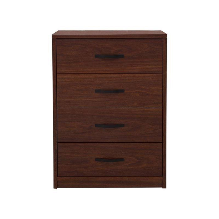 Cajonera Bourbon de madera de pino y tzalam en color café, con 4 cajones y dimensiones de 76x108x41 cm.