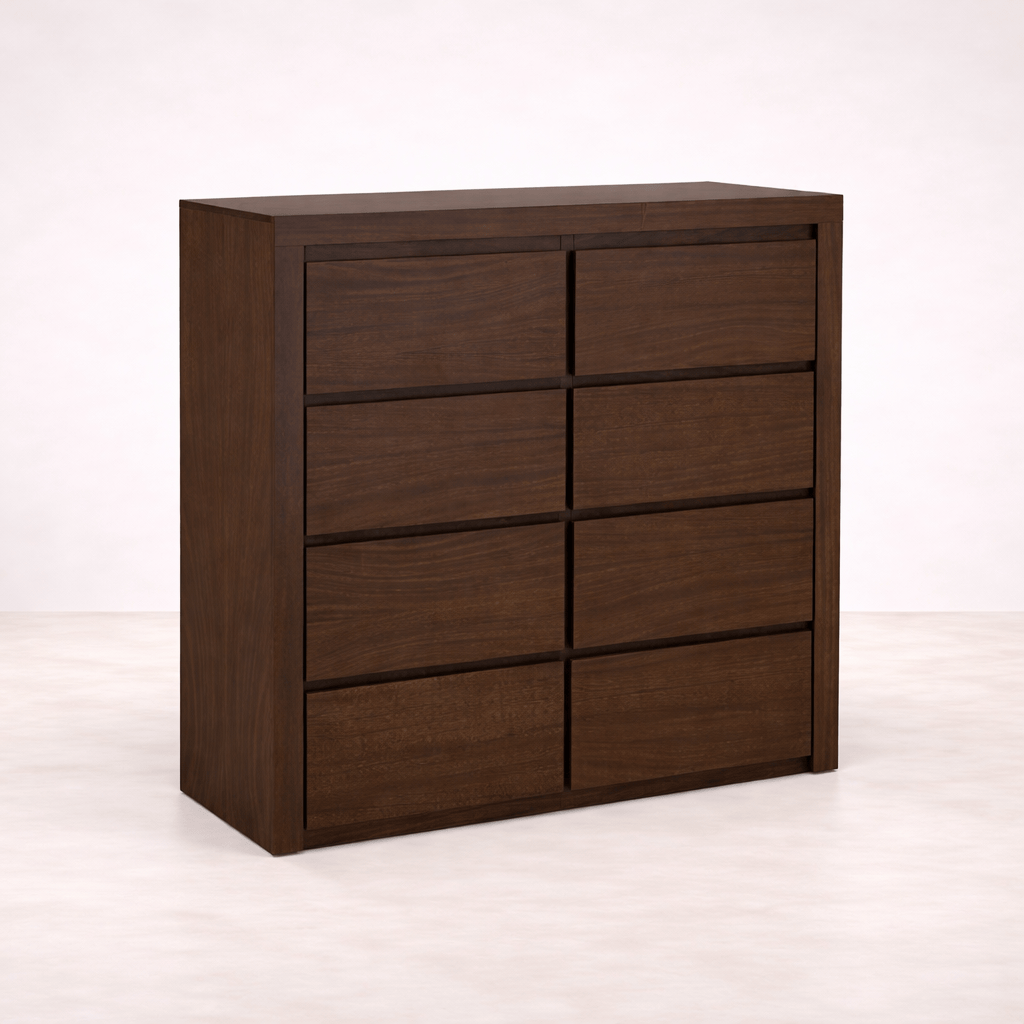 Cajonera Loretta de madera oscura, mueble de almacenamiento con múltiples cajones, estilo moderno y elegante.