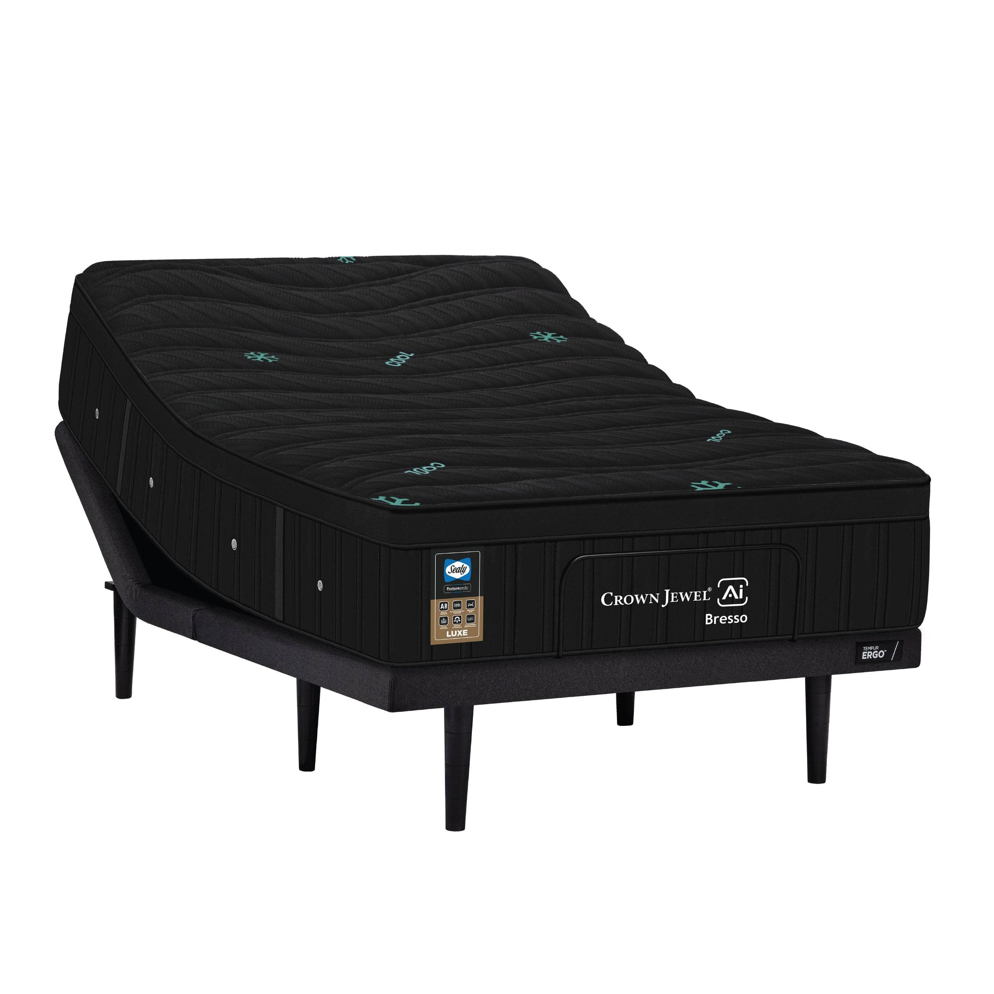 Colchón eléctrico Queen Size de deurope.com.mx con base, tejido de punto, tela antiácaros y antibacterial, frente del colchón y base.