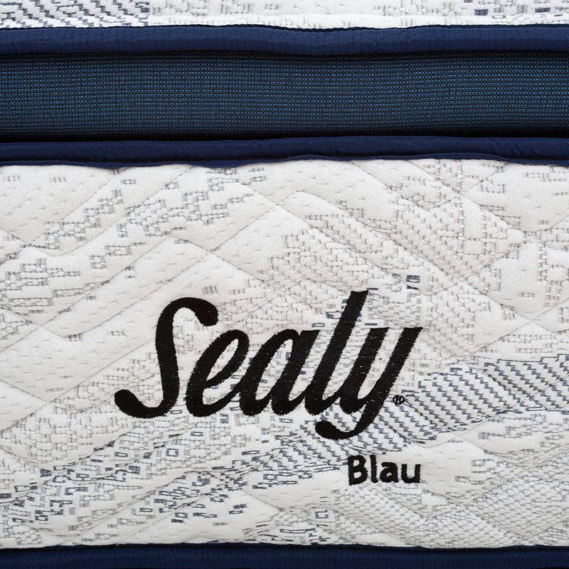 Colchón matrimonial Sealy Blau con tejidos de punto y tela antiácaros, de tamaño 190 cm x 136 cm x 38 cm, en vista frontal.