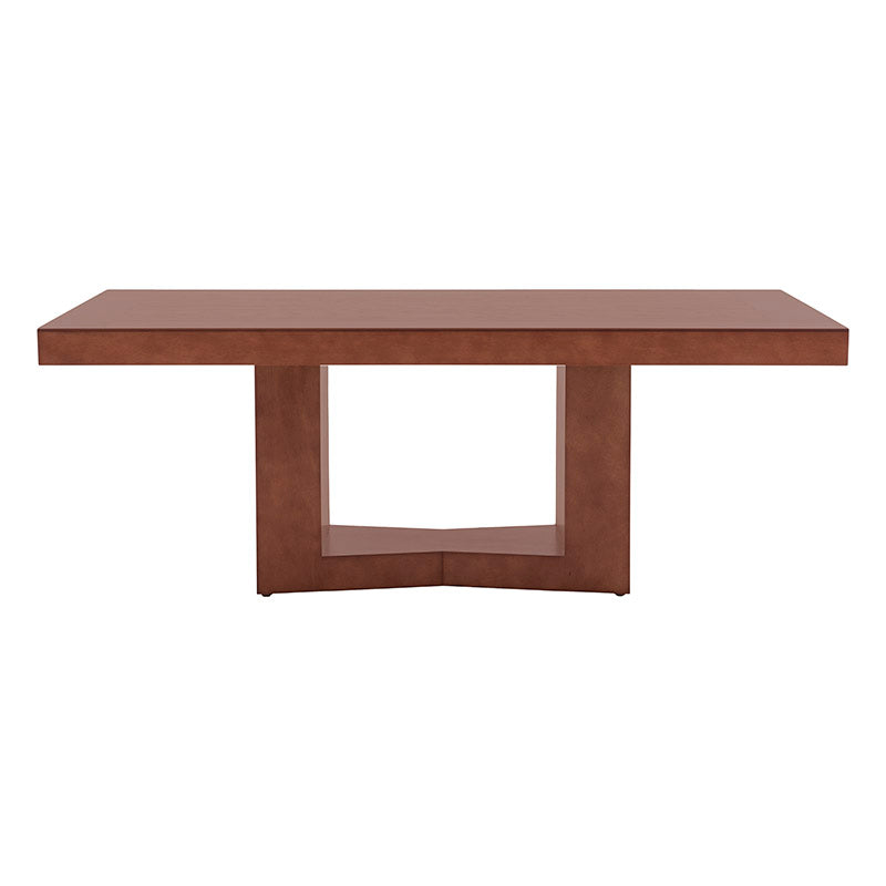 Mesa de comedor Quebec de madera de banak, encino y okumé, en acabado nogal, con dimensiones de 210x78x110 cm.