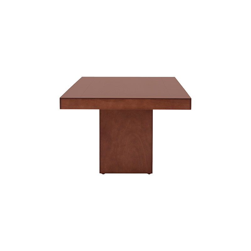 Mesa de comedor Quebec de madera de banak, chapada en encino y okumé, con acabado en nogal, de 210 cm de largo y 78 cm de alto.