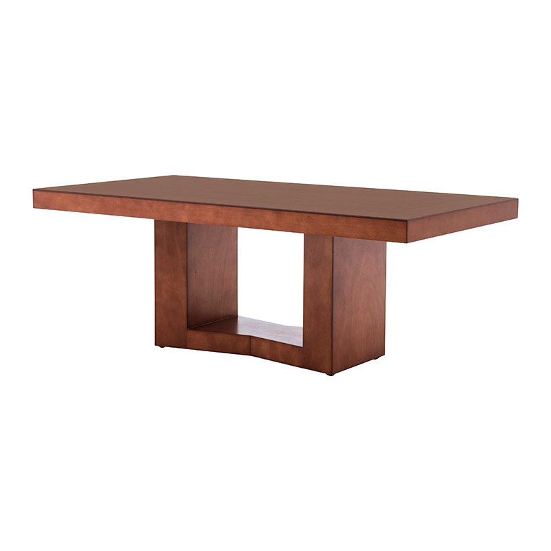 Mesa de comedor Quebec de madera de banak, encino y okume, con acabado en nogal, frente de 210 cm y altura de 78 cm.