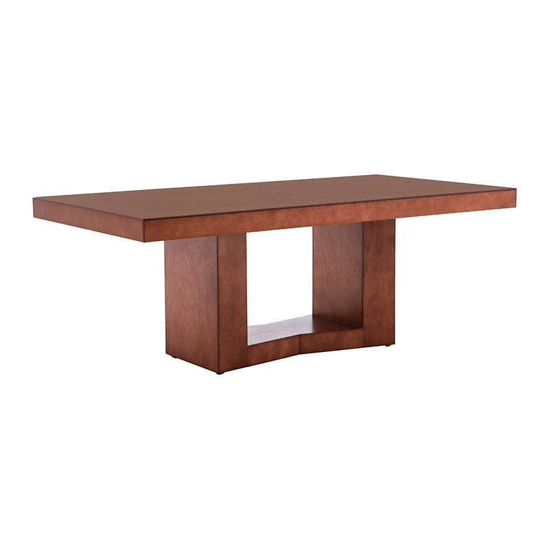 Mesa de comedor Quebec de deurope.com.mx en madera de nogal, encino y okume, con acabado en chapa de encino, frente de 210 cm.