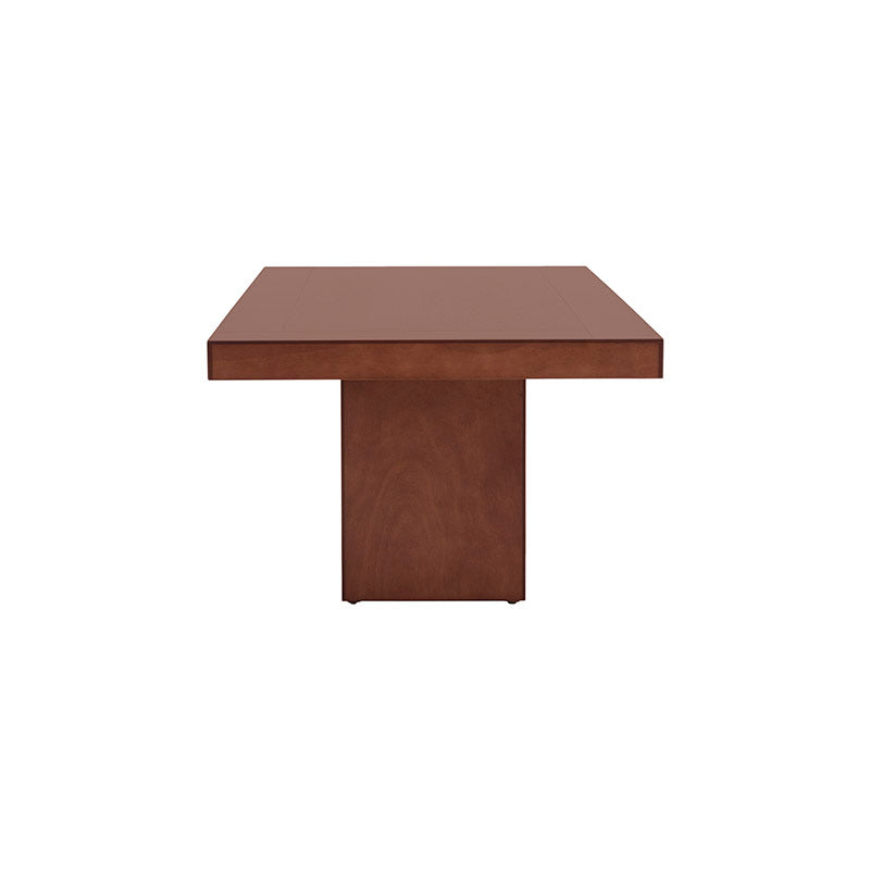 Mesa de comedor Quebec de madera de banak, encino y okumé, con acabado en nogal, frente de 210 cm, alto 78 cm y fondo 110 cm.