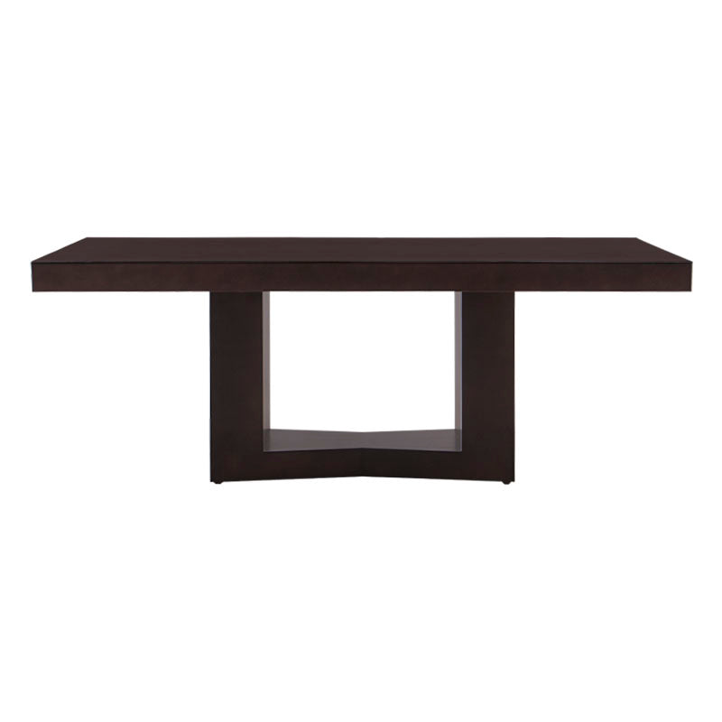 Mesa de comedor Quebec de madera de banak, encino y okumé, en color nogal, con superficie de 210 cm de largo y estructura sólida.