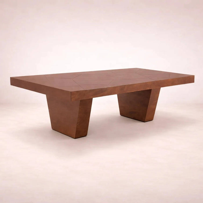 Juego de comedor Quetzal de madera industrializada en tonos café y tabaco, con mesa de 220 cm de largo y 13 piezas.