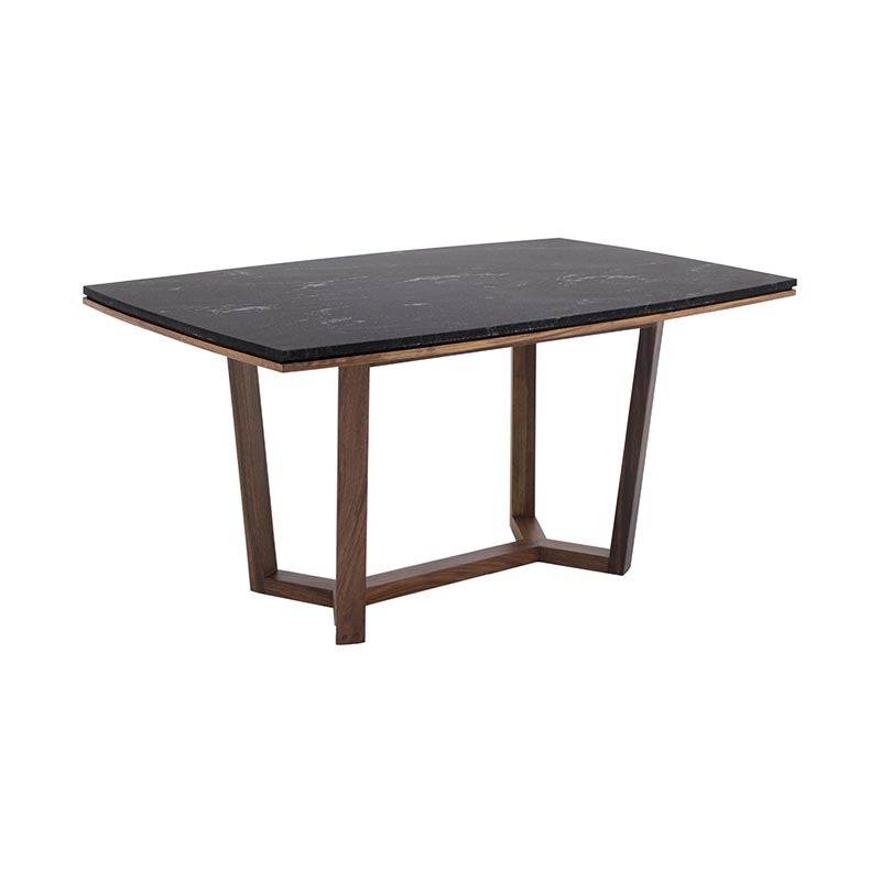 Mesa de comedor Montecarlo de madera sólida de parota con superficie de granito natural, en color café con acabado elegante.