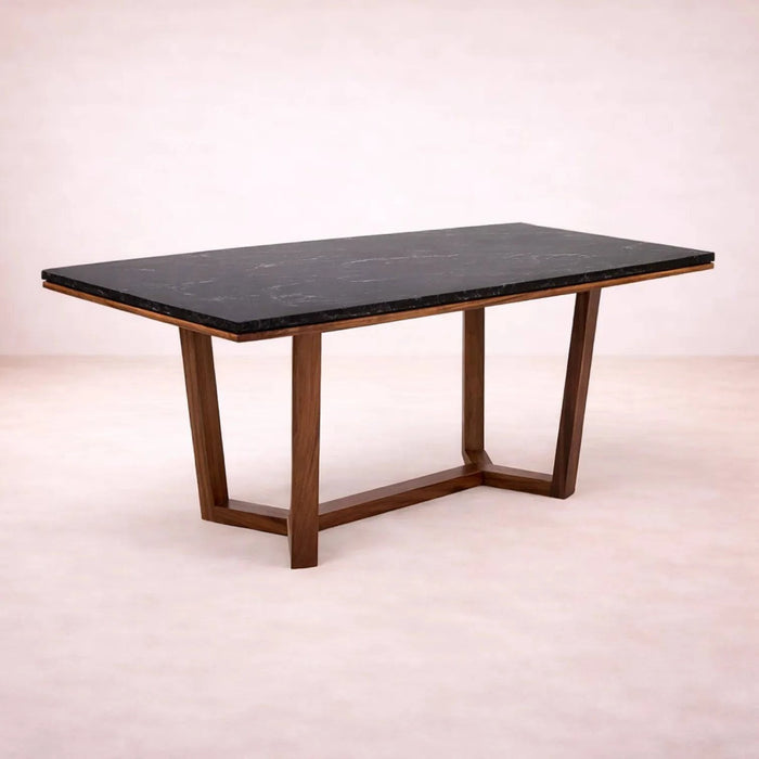 Juego de comedor de 8 piezas de madera de parota con granito natural, mesa Montecarlo en acabado café parota, vista frontal.